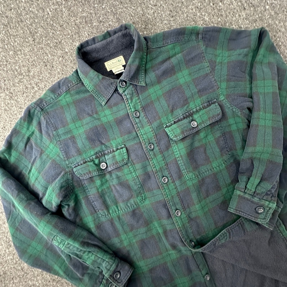 LL Bean Fleece Lined Flannel Shirt Jacket Mens S Small Green Black Plaid Shacket